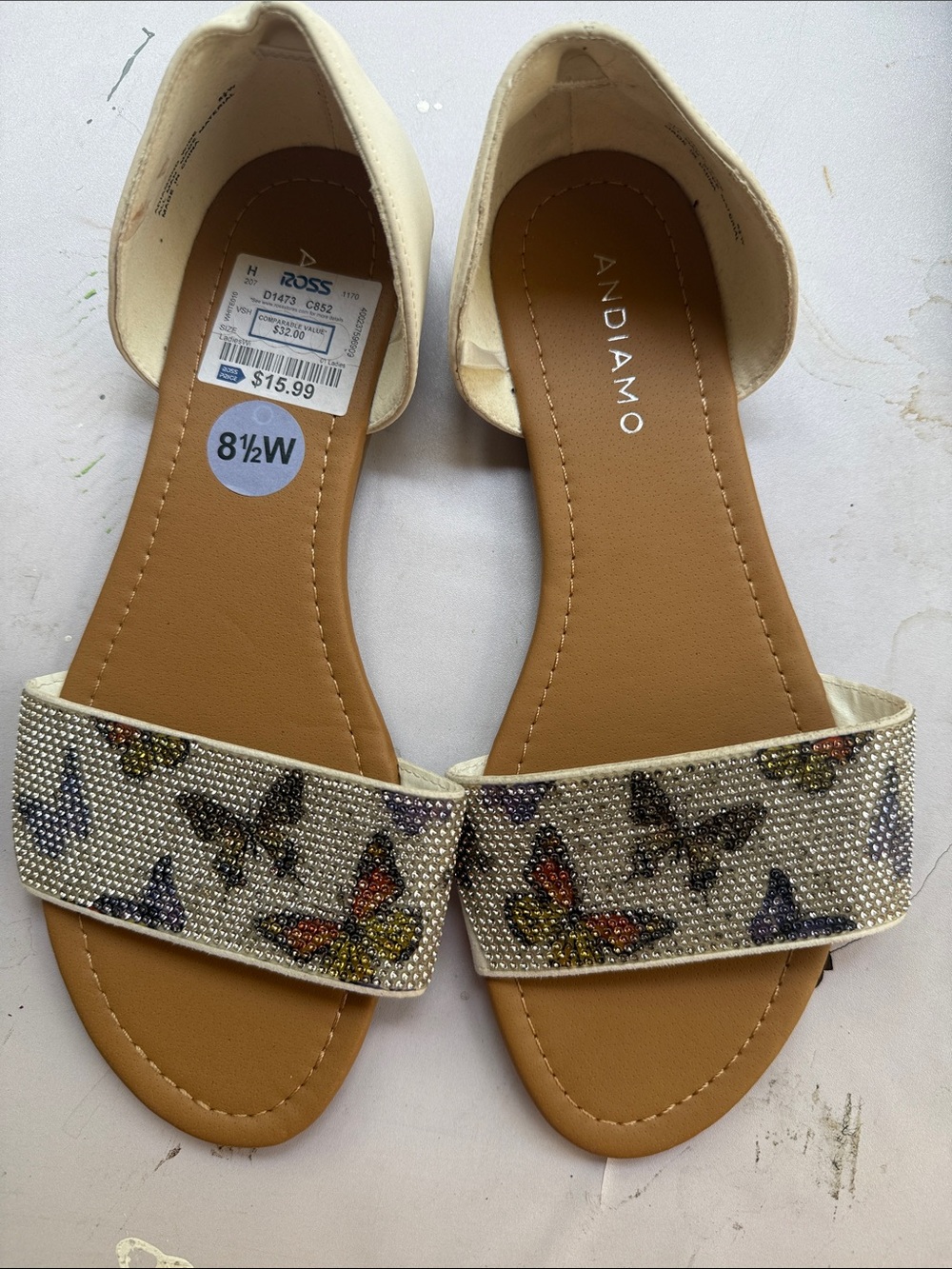 Andiamo Cream Slide Sandals with Multicolor Jeweled Butterfly Strap